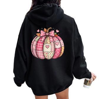 Pink Patchwork Fall Pumpkin Preppy Floral Girly Pumpkin Bow Women Oversized Hoodie Back Print - Thegiftio UK