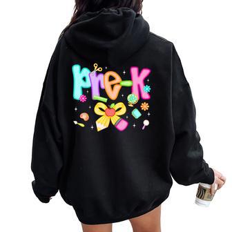 Preppy Pre-K Pencil Bow Back To School Pre-K Teacher Girls Women Oversized Hoodie Back Print - Thegiftio UK
