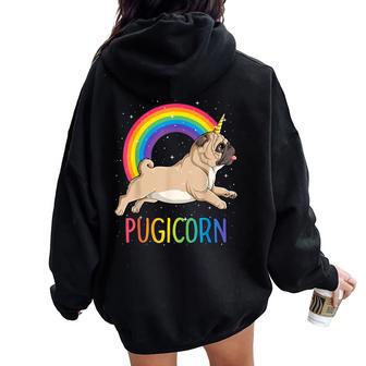 Pugicorn Pug Unicornio Niñas Niños Espacio Galaxy Rainbow Women Oversized Hoodie Back Print - Regaloses