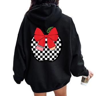 Retro Back To School Teacher Race Checkered Apple Pencil Bow Women Oversized Hoodie Back Print - Thegiftio UK