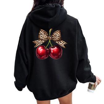 Retro Cherry Leopard Coquette Bow Cute Cherries Girls Women Oversized Hoodie Back Print - Thegiftio UK
