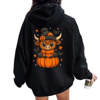 Retro Halloween Highland Cow Pumpkin Fall Cow Thanksgiving Women Oversized Hoodie Back Print - Thegiftio UK