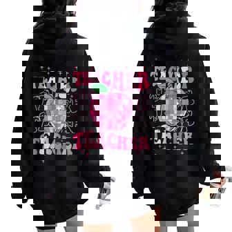 Retro Pink Disco Ball Apple Teacher Colorful Back To School Women Oversized Hoodie Back Print - Thegiftio