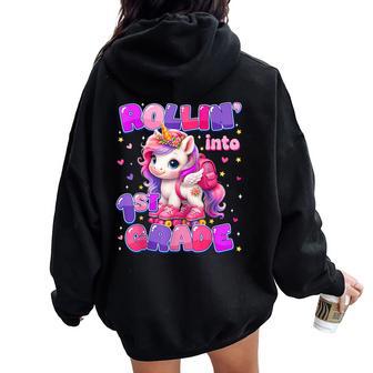 Rolling Into 1St Grade Unicorn First Day Of School Girls Women Oversized Hoodie Back Print - Thegiftio UK