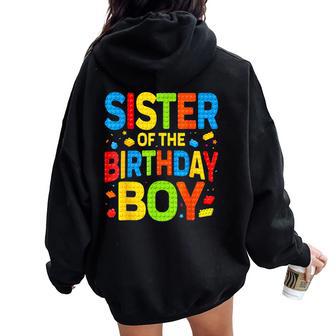 Sister Of The Birthday Boy Building Block Birthday Party Women Oversized Hoodie Back Print - Thegiftio