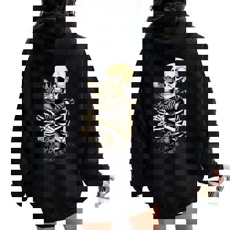 Skeleton Hugging Cat Halloween Cat Lover Cat Mom Dad Bruh For Women Women Oversized Hoodie Back Print - Thegiftio