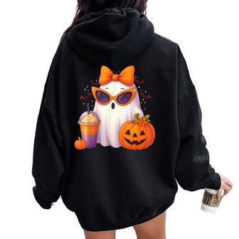Spooky Cute Ghost Drinking Pumpkin Iced Coffee Halloween Bow Women Oversized Hoodie Back Print - Thegiftio UK