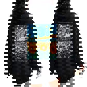 Sunflower Floral Flower Van Gogh Style Starry Night Graphic Women Oversized Hoodie Back Print - Thegiftio