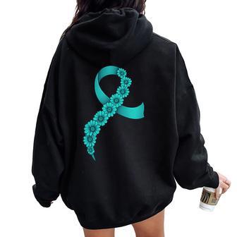 Teal Ribbon Supporter Ovarian Cancer Awareness Women Oversized Hoodie Back Print - Thegiftio UK