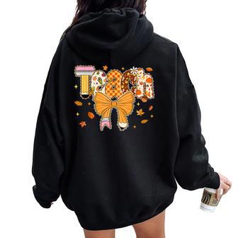 Thanksgiving Teacher Pencil Bow One Thankful Teacher Fall Women Oversized Hoodie Back Print - Thegiftio