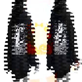 Vintage Halloween Ghost Holding Black Cat Groovy Floral Women Oversized Hoodie Back Print | Seseable CA