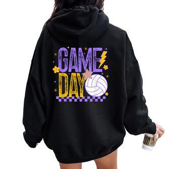 Volleyball Game Day Retro Girls Volleyball Mom Purple & Gold Women Oversized Hoodie Back Print - Thegiftio UK