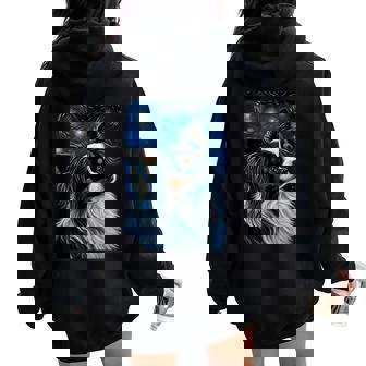 星月夜のパピヨン 絵画 犬 お母さん お父さん レディース オーバーサイズ パーカー バックプリント - Kawaiitshirt