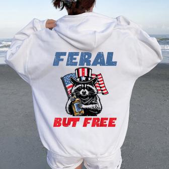 4Th Of July Raccoon Feral But Free Patriot Women Women Oversized Hoodie Back Print - Thegiftio UK