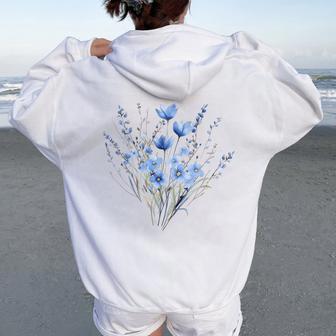 Blue Wildflower Bouquet Watercolor Botanical Women Oversized Hoodie Back Print - Thegiftio UK