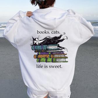 Books Cats Life Is Sweet Cats Books Lover Women Women Oversized Hoodie Back Print - Seseable