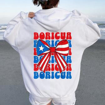 Boricua Coquette Bow Puerto Rico Flag Groovy Boricua Girl Women Oversized Hoodie Back Print - Thegiftio UK