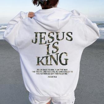 Camo Jesus Is King White Christian Youth God Son Brother Women Oversized Hoodie Back Print - Thegiftio UK
