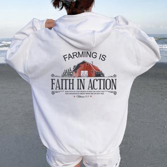 Farming Is Faith In Action Vintage Farmer Christian Women Oversized Hoodie Back Print - Thegiftio UK