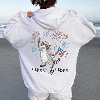Feral & Free Usa Flag 4Th Of July Fireworks Raccoon Women Women Oversized Hoodie Back Print - Thegiftio UK