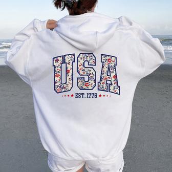 Floral Usa Est 1776 American 4Th Of July Patriotic Women Women Oversized Hoodie Back Print - Thegiftio UK