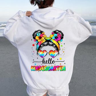 Hello Kindergarten Messy Bun First Day Of School Outfits Women Oversized Hoodie Back Print - Thegiftio UK
