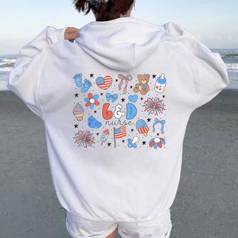 Retro Labor And Delivery Nurse Bear 4Th Of July L&D Nurse Women Oversized Hoodie Back Print - Thegiftio UK