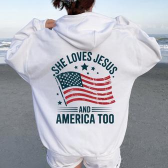 She Loves Jesus And America Too American Usa Flag Women Women Oversized Hoodie Back Print - Thegiftio UK
