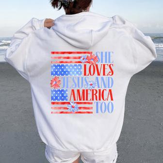 She Loves Jesus And America Too Usa Flag Floral 4Th Of July Women Oversized Hoodie Back Print - Thegiftio UK