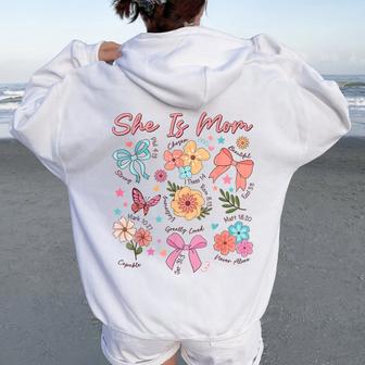 She Is Mom Coquette Christian Mama Boho Floral Mother's Day Women Oversized Hoodie Back Print - Thegiftio UK