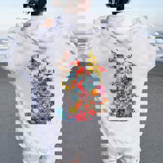 カラフル 花 猫 レディース オーバーサイズ パーカー バックプリント - Kawaiitshirt