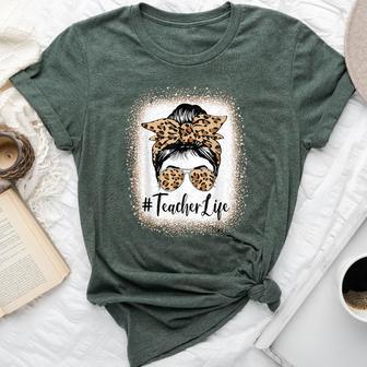 Teacher Life Bleached Leopard Messy Bun Mother's Day Bella Canvas T-shirt - Thegiftio UK