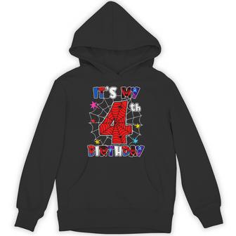 Birthday Party Spider Outfit It's My 4Th Birthday 4 Year Old Hoodie - Thegiftio