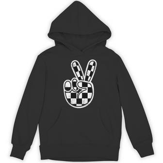 Checkered Peace Sign Hand Racing Flag Race Car Boys Pocket Hoodie - Thegiftio UK