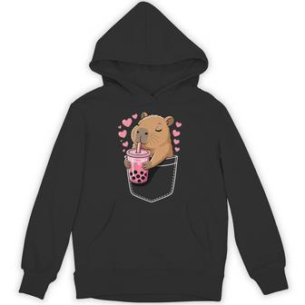 Cute Capybara Drink Bubble Tea Kawaii Capy Lover In Pocket Hoodie - Monsterry