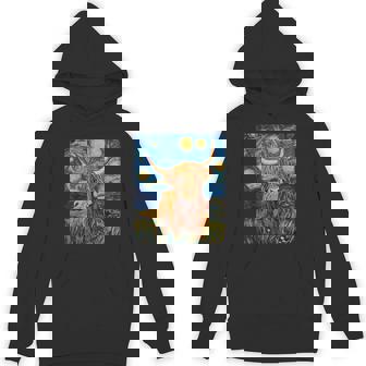 Highland Cow Graphic Van Gogh Style Starry Night Hoodie - Thegiftio