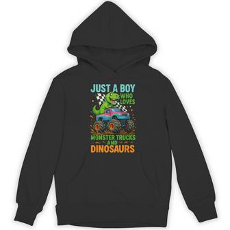 Just A Boy Who Loves Monster Trucks And Dinosaurs Cute T-Rex Hoodie - Thegiftio UK