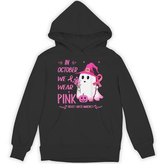 In October We Wear Pink Breast Cancer Ghost Pumpkin Witch Hoodie - Thegiftio UK