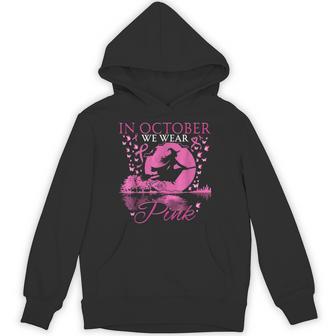 In October We Wear Pink Ribbon Halloween Witch Breast Cancer Hoodie - Monsterry