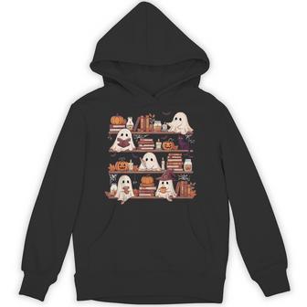 Retro Ghosts Reading Book Halloween Bookshelf Spooky Library Hoodie - Monsterry