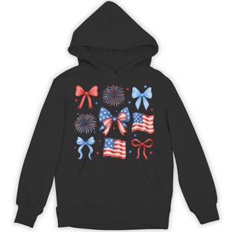 Retro Usa Flag Coquette Bow 4Th Of July Fireworks Patriotic Hoodie - Thegiftio UK