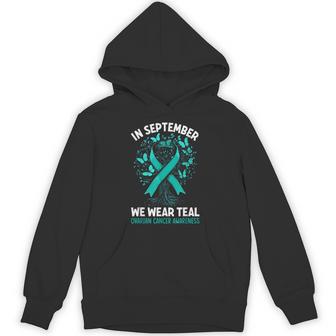 In September We Wear Teal Ovarian Cancer Awareness Hearts Hoodie - Thegiftio