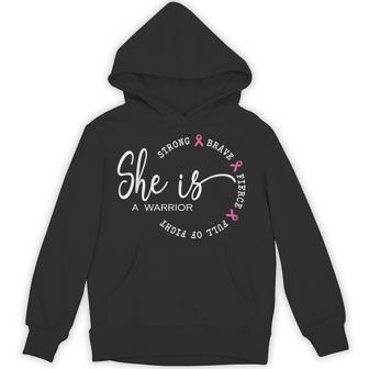 She Is A Warrior Strong Brave Pink Breast Cancer Awareness Hoodie - Thegiftio UK