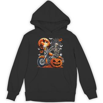 Skeleton Drinking Beer On Motorcycle Halloween Pumpkins Hoodie - Thegiftio UK