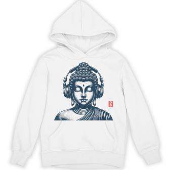 Buddha Wearing Headphones Vintage Retro Grey -Adult Short Sleeve Music Buddha Relax Hoodie - Thegiftio UK