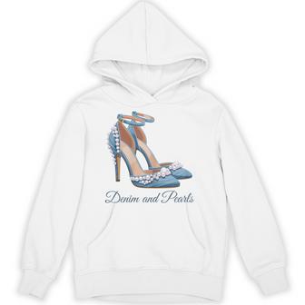 Denim And Pearls Glam High Heels Fashion Statement Hoodie - Thegiftio UK