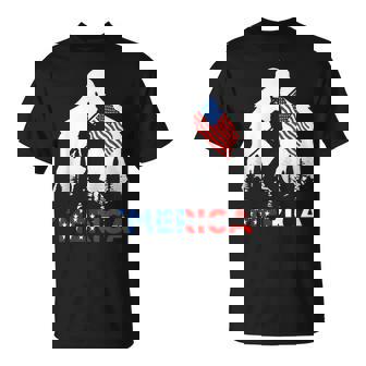 Bigfoot Merica Rock American Usa Flag Patriotic 4Th Of July T-Shirt - Monsterry