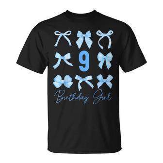 Birthday Girl Blue Coquette Bow 9 Year Old Aesthetic Girly T-Shirt - Monsterry