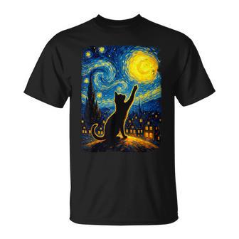 Black Cat Starry Night Van Gogh Cat Cat Mom Cat Dad T-Shirt - Thegiftio UK