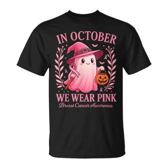 Breast Cancer In October We Wear Pink Cute Ghost Halloween T-Shirt - Thegiftio UK
